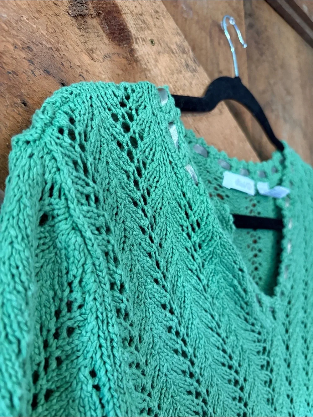 Marshall Fields Green Open Knit Ribbon Trim V-Neck Sweater Made in Italy Size M